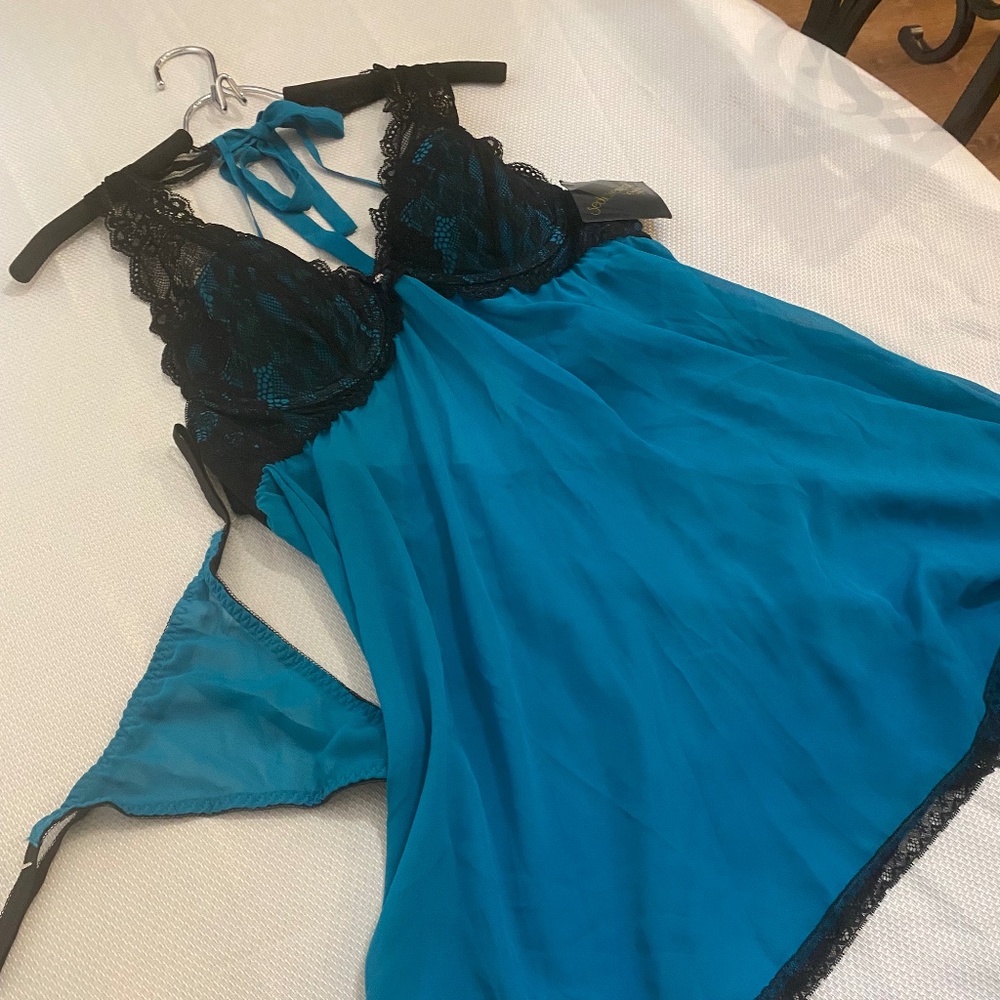 Cinema Etoile teal blue + black babydoll chemise + matching thong NWT Sz Large L